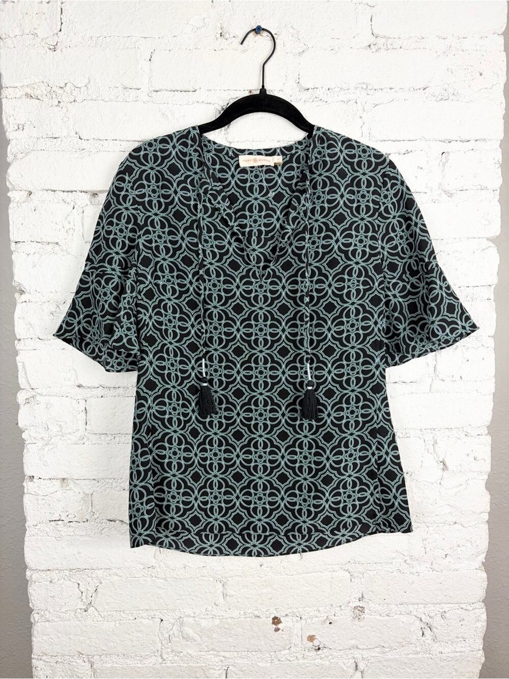 Tory Burch 100% Silk Massey Tunic Top Blue Green Tassel Popover Short Sleeve 0